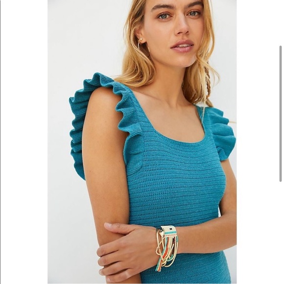 New! ANTHRO dress ruffle pointelle knit teal turquoise Anthropologie turquoise - Picture 3 of 7
